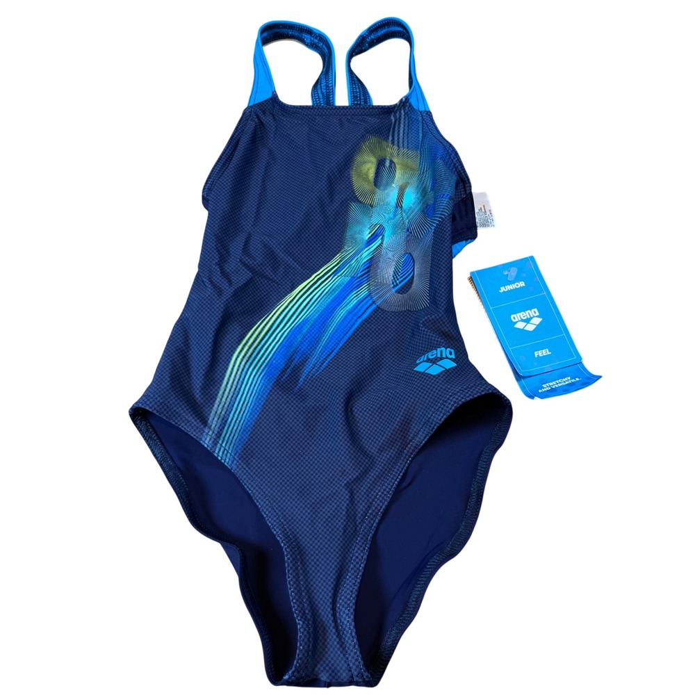 Arena Girls Parrot V Back One Piece Swimsuit Navy Turquoise 22PO00251 Size 6